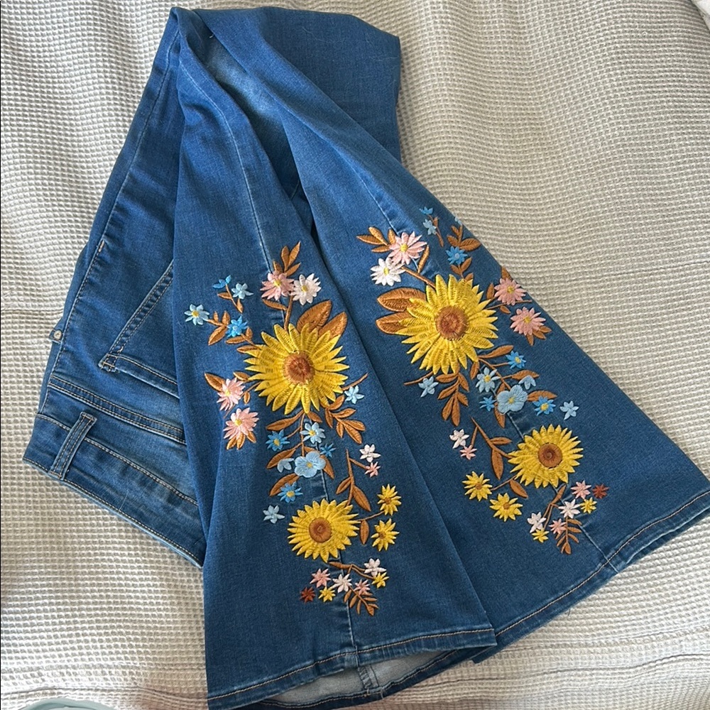 Blue Flare Jeans with Floral Embroidery